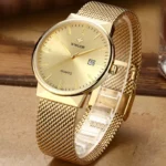 Men Simple Slim Watches Gold Steel Mesh Ultra Thin Waterproof Date Wrist Watch